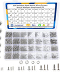 Ultimate Small Metric Screws And Nuts Assortment Kit For Arduino Electronics And RC DIY Projects 1670 Pieces 304 Stainless Steel M1 To M2.5 Phillips Pan Head Micro Screws With Nuts And Washers in a clear box with compartments.