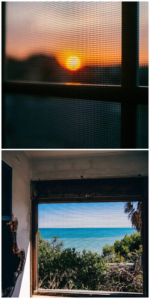 2 Inch By 140 Inch Screen Repair Kit With Fiberglass Tape For Door And Window Screens Waterproof Adhesive Patch That Goes On Easy For Tears And Holes In Black 11 Feet 7 Inches Long showing sunset and ocean views through screens.