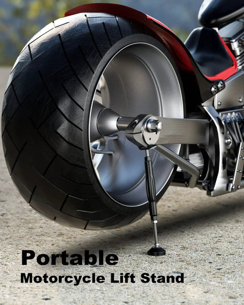Motorcycle Wheel And Chain Cleaning Stand With Adjustable Height, shown lifting rear wheel on pavement