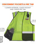 Rock Solid Class 2 High Visibility Safety Vest Featuring Hella Breathable Mesh Back And Sleek Black Front Zip Closure With Multiple Utility Pockets For Crews showing convenient pockets and mic tab.