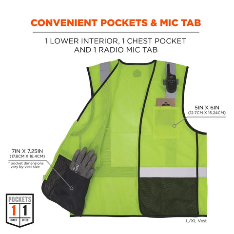 Rock Solid Class 2 High Visibility Safety Vest Featuring Hella Breathable Mesh Back And Sleek Black Front Zip Closure With Multiple Utility Pockets For Crews showing convenient pockets and mic tab.