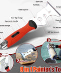 8 in 1 painter's tool from All In One Drywall Repair Kit 10 Piece Set with labeled features and uses, displayed on textured background.