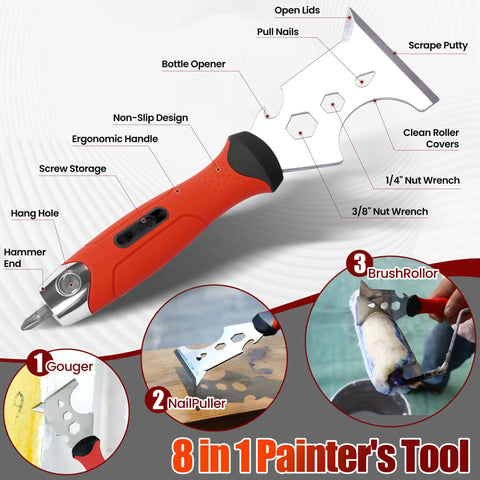 8 in 1 painter's tool from All In One Drywall Repair Kit 10 Piece Set with labeled features and uses, displayed on textured background.
