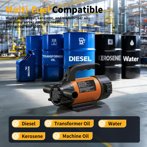 Heavy Duty 12V Electric Fuel Pump Kit Featuring A Slick 15 Gallon Per Minute Flow Rate For Fast Diesel Fuel Transfer On The Jobsite Without Any Stress with various fuel barrels