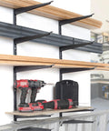 Heavy Duty Wood And Lumber Storage Rack Two Pack Holds Up To 960 Lbs Wall Mounted Steel Shelving For Garage Basement And Pantry Easy To Install Durable 3 Tier Storage Solution with tools and lumber on shelves