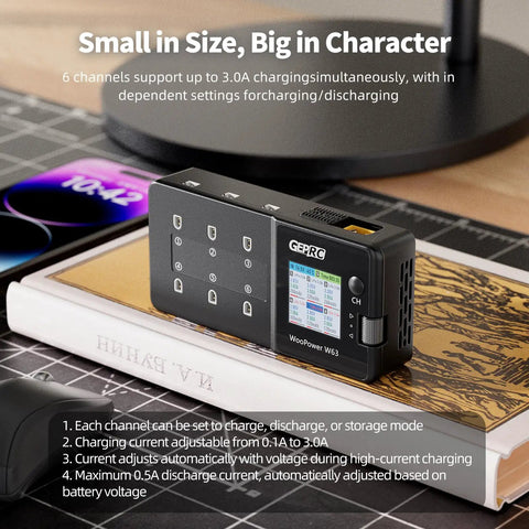 W63 FPV Drone Charger With Six Independent Ports, 3A Fast Charge, Discharge And Storage Modes, Dope IPS Display