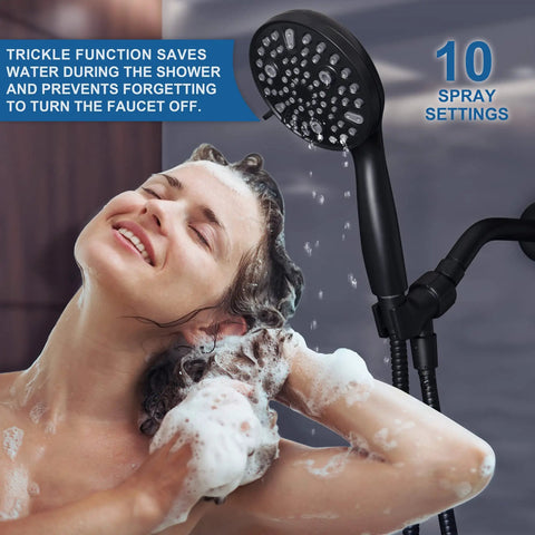 High Pressure Handheld Shower Head With Ten Spray Settings And Detachable Five Foot Hose in use during a shower