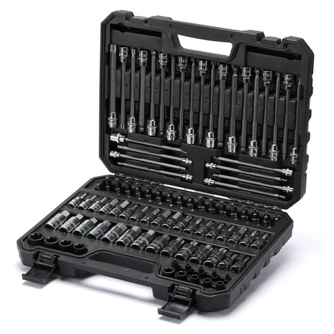 Ultimate 107 Piece Bit Socket Set With One Quarter Inch, One Eighth Inch, And One Half Inch Drive Hex Tamper Proof Torx Long Ball End Sockets, S2 Alloy Steel Bits Plus Chrome Vanadium Base, SAE And Metric Sizes For Pros