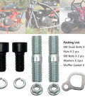 Exhaust Muffler Pipe Mounting Hardware Kit With Gasket For Coleman CT200U BT200X Baja MB200 Axis M200 KT196 Go Kart Predator 212cc Hisun 196cc Mini Bike Engine, showing studs, nuts, bolts, washers, and gasket with karts in background.