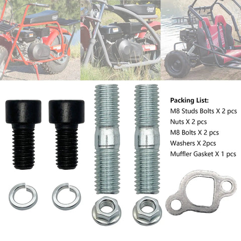 Exhaust Muffler Pipe Mounting Hardware Kit With Gasket For Coleman CT200U BT200X Baja MB200 Axis M200 KT196 Go Kart Predator 212cc Hisun 196cc Mini Bike Engine, showing studs, nuts, bolts, washers, and gasket with karts in background.