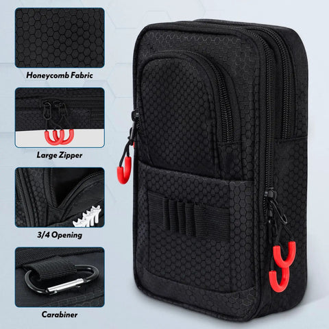 Zippered Golf Ball Bag Organizer With Three Pockets Fits 12 To 15 Balls And A Valuables Pocket For Phone And Wallet On The Go, Lightweight Portable Golf Gear Case With Multipocket Design Black, showcasing honeycomb fabric, large zipper, carabiner, and 3/4 opening detail.