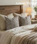 Floral Pillow Covers 18x18 Set Of 2, Neutral Vintage Block Print Cotton Cushion Covers For Sofa Bed And Living Room, Farmhouse Chic Grey Striped Accent Decor, Cozy Vibe Pillow Covers Only on bed