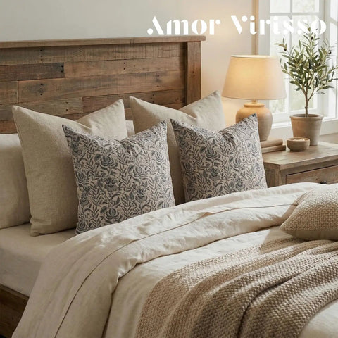 Floral Pillow Covers 18x18 Set Of 2, Neutral Vintage Block Print Cotton Cushion Covers For Sofa Bed And Living Room, Farmhouse Chic Grey Striped Accent Decor, Cozy Vibe Pillow Covers Only on bed