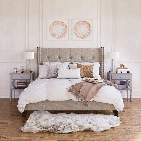 Bedroom with Tall 27 Inch Table Lamp With White Fabric Shade And Seeded Glass Base In Blackened Bronze Finish on nightstands
