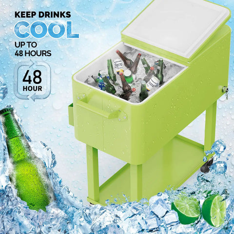 80 Quart Rolling Ice Chest Cooler Cart For Patio Parties And Party Ready Backyard Bar Setup With Folding Shelf And Bottle Opener Light Green Portable Beverage Cooler On Wheels filled with ice and drinks