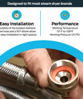 Close-up of Steam Dryer Hookup Kit With 3/4 Inch FHT Fill Hose 90 Degree Elbow showing braided stainless steel for leak-free connection