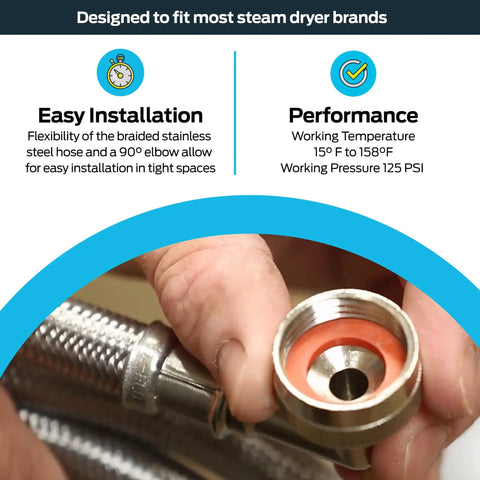Close-up of Steam Dryer Hookup Kit With 3/4 Inch FHT Fill Hose 90 Degree Elbow showing braided stainless steel for leak-free connection