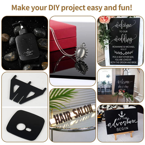 Collage featuring 4 Pack Black Acrylic Sheets 8 X 12 Inches 1/8 Inch Thick 3mm Plexiglass for various DIY and decor uses.