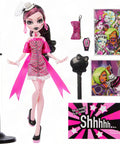 Iconic Design Draculaura Reproduction Doll In A Dope Pink Ruffle Dress featuring accessories and display stand.