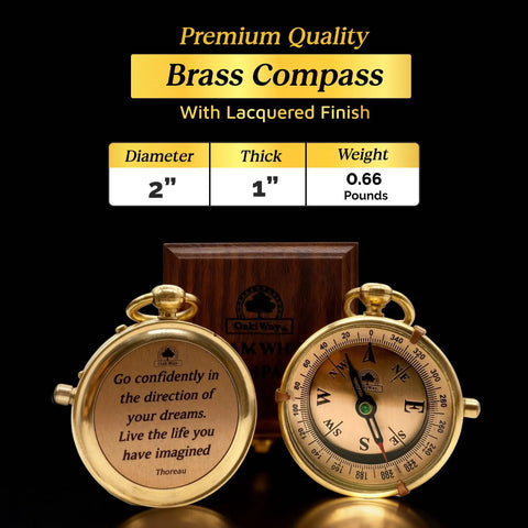 Go Confidently Brass Compass Gift For Graduation, College And High School with wooden box and engraved quote.