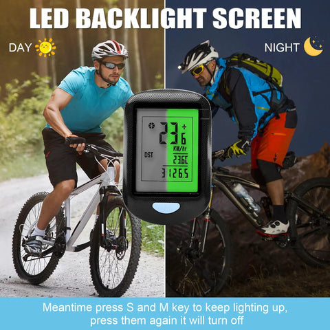 Wireless Bike Computer For Road And Mountain Bikes With A 2.9 Inch LCD Backlit Screen showing speed and distance