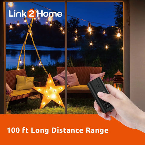 Heavy Duty Outdoor Weatherproof Dual Outlet Remote Control With Dusk To Dawn Sensor Programmable 24 Hour Timer, 100 ft range remote in hand.