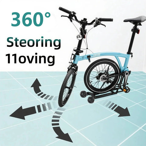 Brompton omni wheel upgrade on folding bike showcasing 360° movement for smoother rides.