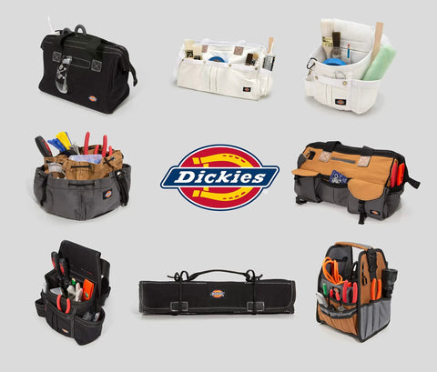 Collection of various tool totes by Dickies with different designs and sizes, including open-top and closed canvas options.