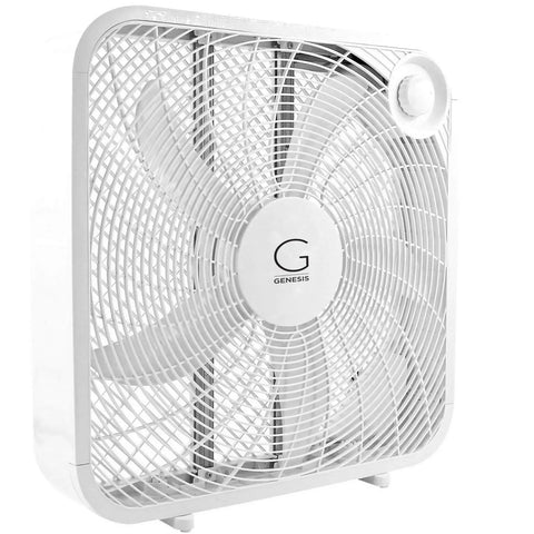 Genesis 20 Inch High Velocity Box Fan With Three Speed Settings And Go To Cooling Tech Durable Copper Motor Carry Handle Lightweight Floor Fan For Home Use White Finish, side view