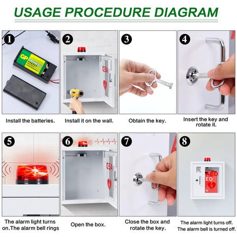 AED cabinet wall-mounted storage, white metal with snap-lock and alarm light for defibrillators.