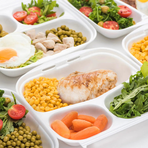 Eco Friendly 8 By 8 Inch 3 Compartment Clamshell Takeout Containers 50 Pack Compostable Sugarcane Paper Food Boxes with meals