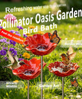 Metal Flower Garden Stake Bird Bath Waterer For Outdoor Yards Pollinator Station Hummingbird Fountain Butterfly Bee Water Feeder Decorative Yard Art Gift 1 Piece No Fuss Easy Setup Garden Decor in garden setting with hummingbirds and flowers
