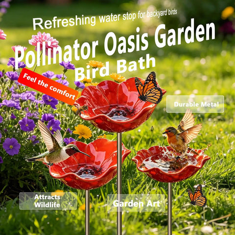 Metal Flower Garden Stake Bird Bath Waterer For Outdoor Yards Pollinator Station Hummingbird Fountain Butterfly Bee Water Feeder Decorative Yard Art Gift 1 Piece No Fuss Easy Setup Garden Decor in garden setting with hummingbirds and flowers
