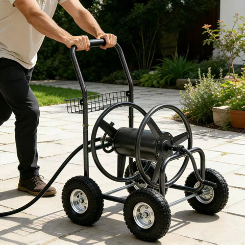 Garden Hose Reel Cart With 250 Ft Capacity, 10 Inch Pneumatic Tires, Powder Coated Steel Frame being pushed on patio