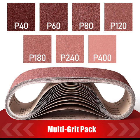 3 By 21 Inch Sanding Belt Set Pro Grade Aluminum Oxide Grits variety pack showing multiple grits from 40 to 400 for belt sander