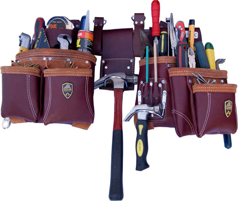 Built Tough Full Grain Leather Pro Grade Framer Tool Rig With Multi Pockets, Hammer Holder, 2 Pouches And Belt, loaded with tools