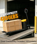 Heavy-Duty 4400 Lb Full Electric Pallet Jack With 48 Inch Forks moving on a loading dock with boxes stacked on it.