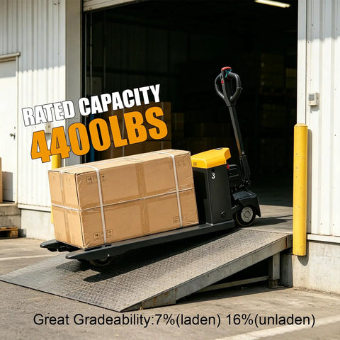 Heavy-Duty 4400 Lb Full Electric Pallet Jack With 48 Inch Forks moving on a loading dock with boxes stacked on it.
