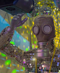 A mannequin in a gas mask covered with reflective tiles, illustrating creative use of Self Adhesive Disco Mirror Mosaic Tiles.
