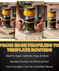 Premium Dual Handle Router Base Plate Compatible With DeWalt DWP611 And DCW600B Compact Routers in use, showing detailed woodworking.