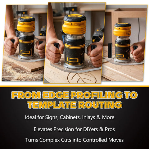 Premium Dual Handle Router Base Plate Compatible With DeWalt DWP611 And DCW600B Compact Routers in use, showing detailed woodworking.