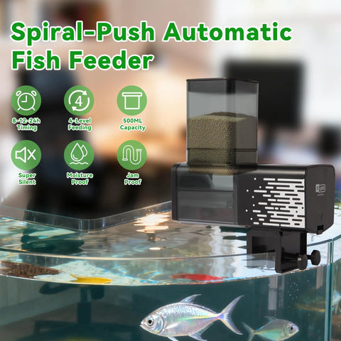 AWUAWU Automatic Fish Feeder With 17 Oz Large Capacity For Indoor Aquariums Featuring Reliable Screw Push Dispensing Mechanism And Interchangeable Nozzles To Effortlessly Handle Pellets Flakes And Powder Food While Keeping Freshness Locked In Securely