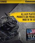55 Gallon 3 Mil Heavy Duty Contractor Trash Bags with flap ties, black, made in USA, displayed against industrial background