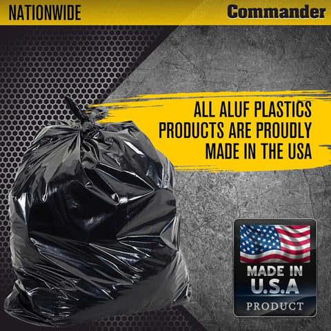 55 Gallon 3 Mil Heavy Duty Contractor Trash Bags with flap ties, black, made in USA, displayed against industrial background