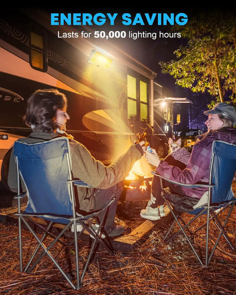 Two campers relax by a fire under a Bright 320 Lumen RV Exterior Porch Light With Switch 12V Replacement LED.