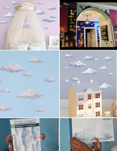 Collage of sky cloud wall decals kit for kids rooms and nurseries, showcasing peel and stick mural art with 12 repositionable clouds.