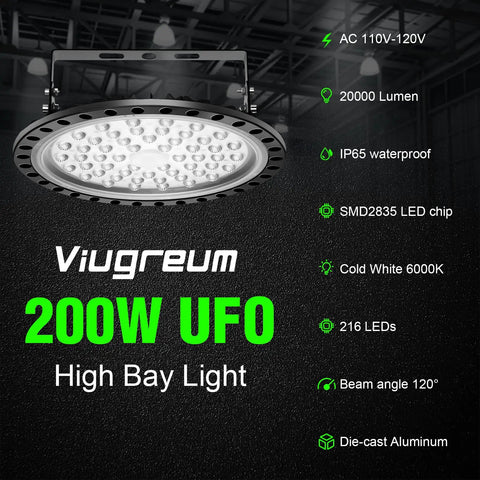 10 Pack 200W UFO LED High Bay Lights With 20000 Lumens 6500K Daylight White Ultra Thin High Bay Fixtures IP65 Waterproof 110V