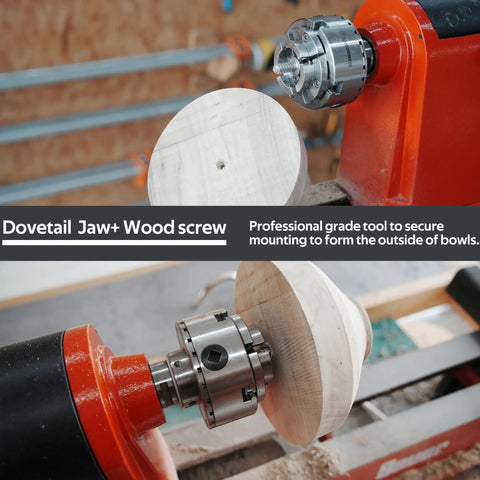 Heavy Duty Wood Lathe Chuck With Self Centering Scroll Jaw System secures a wood blank on lathe for bowl making.