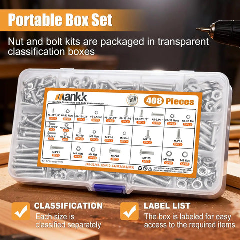 Pro Grade Stainless Steel Machine Screws Nuts And Bolts Kit 408 Piece Set Built For DIYers And Pro Projects In Transparent Box
