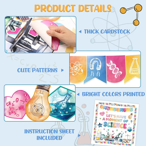 Science Bulletin Board Set For Classroom Decor 89 Pcs With Light Bulb Borders on thick cardstock and colorful patterns.